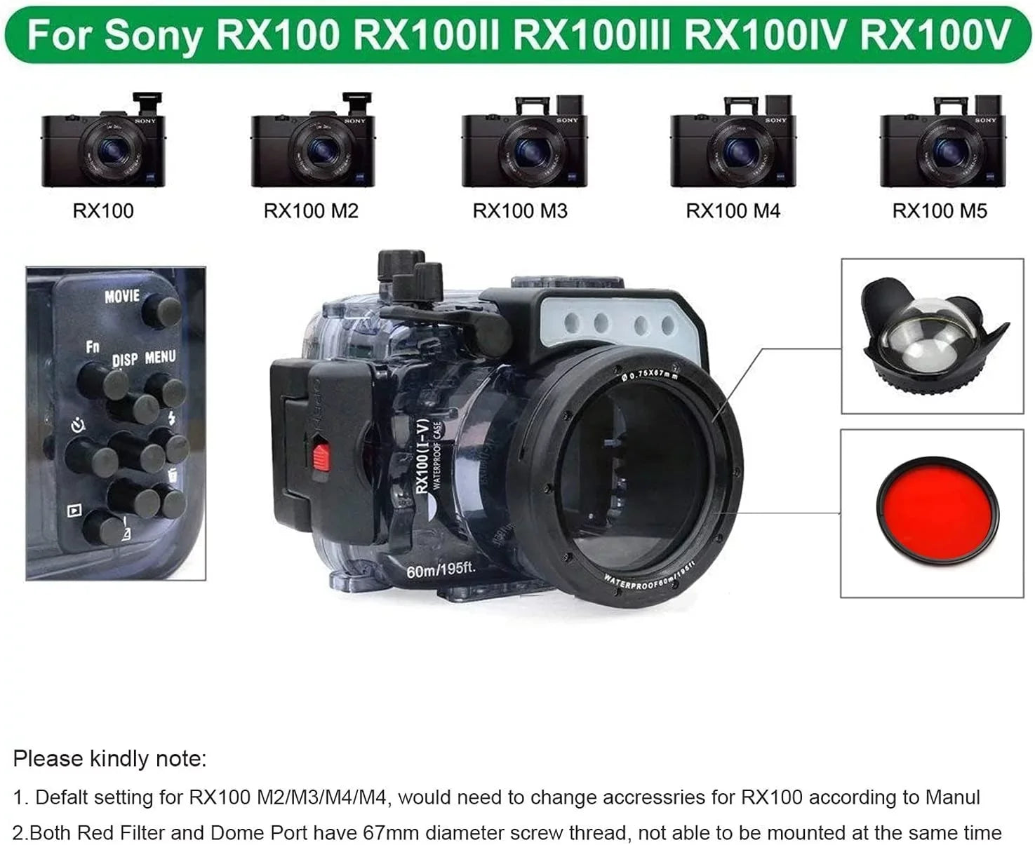 Seafrogs 60M Underwater Camera Housing w/ Dome Port & Two Hands Aluminium Tray Kit, Waterproof case for Sony RX100 I    V RX100 M2 M3 M4 M5