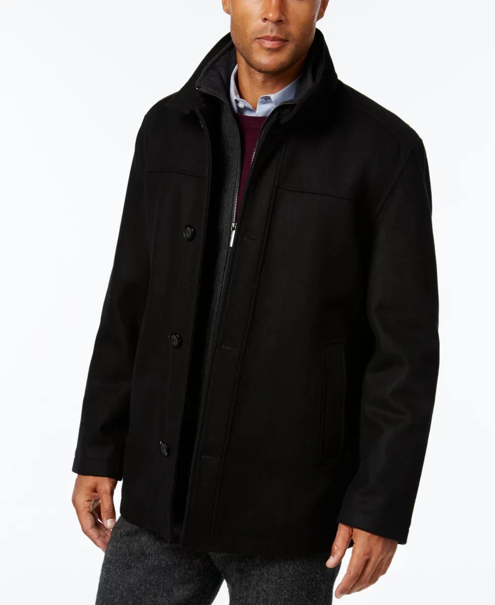 London Fog Men's Wool Blend Button Front Car Coat, Charcoal, -Large