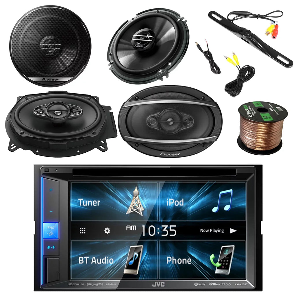KWV140BT 2DIN  Car Stereo Receiver, touchscreen with Pyle License Plate Mount Rear View Color Camera, Pioneer 6.5" 2-Way  250W, Pioneer 6"x9" 420W 3-Way  & Enrock 16G 50'  Wire