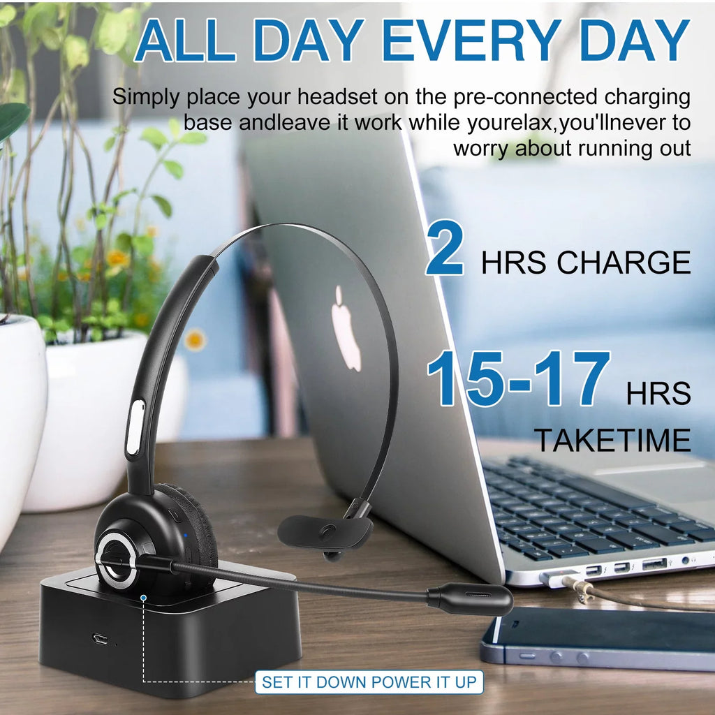 Comfortable Bluetooth Headset, -M97 Wireless Headset with Microphone, Wireless Cell Phone Headset with Noise Isolation Mic Charging Base Mute Function for Oppo RX17 Pro With Charging Dock