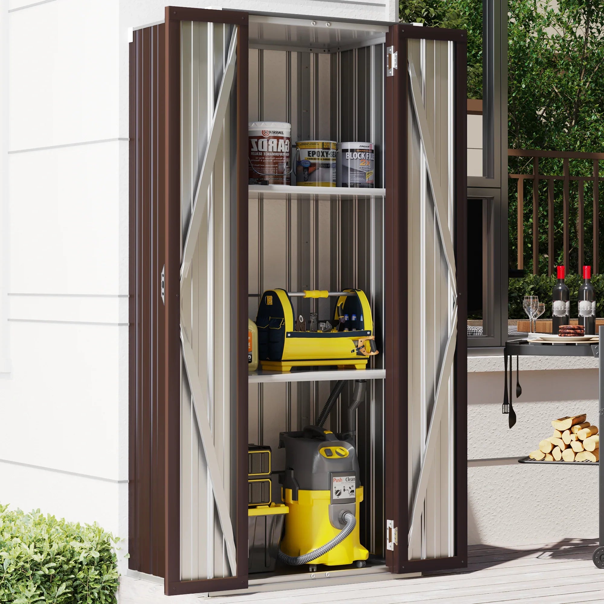 70" Metal Storage Cabinet with Doors and Shelves Outdoor/ Indoor Storage Shed Organizer for Garage& Garden in Brown