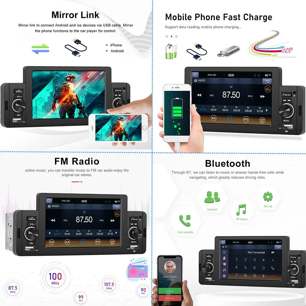 Podofo Single 1 Din 5'' Touch Screen Car Stereo Radio with Apple Carplay Android Auto Mirror Link  Car MP5 Multimedia Player Bluetooth   Audio Receiver , Backup Camera Included
