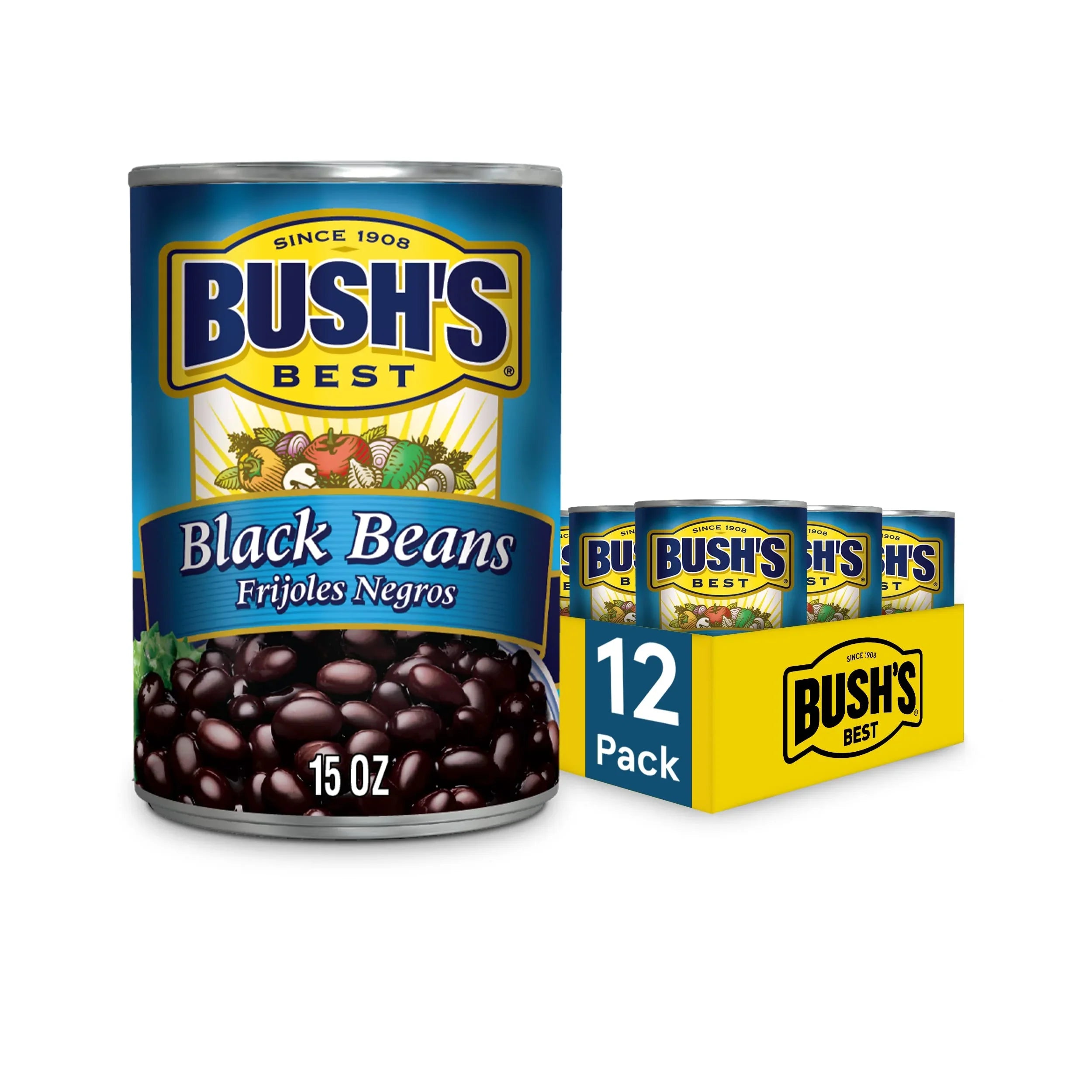 Bush,S Best 15 Oz Canned Black Beans, Source Of Plant Based Protein And Fiber, Low Fat, Gluten Free, (Pack Of 12)