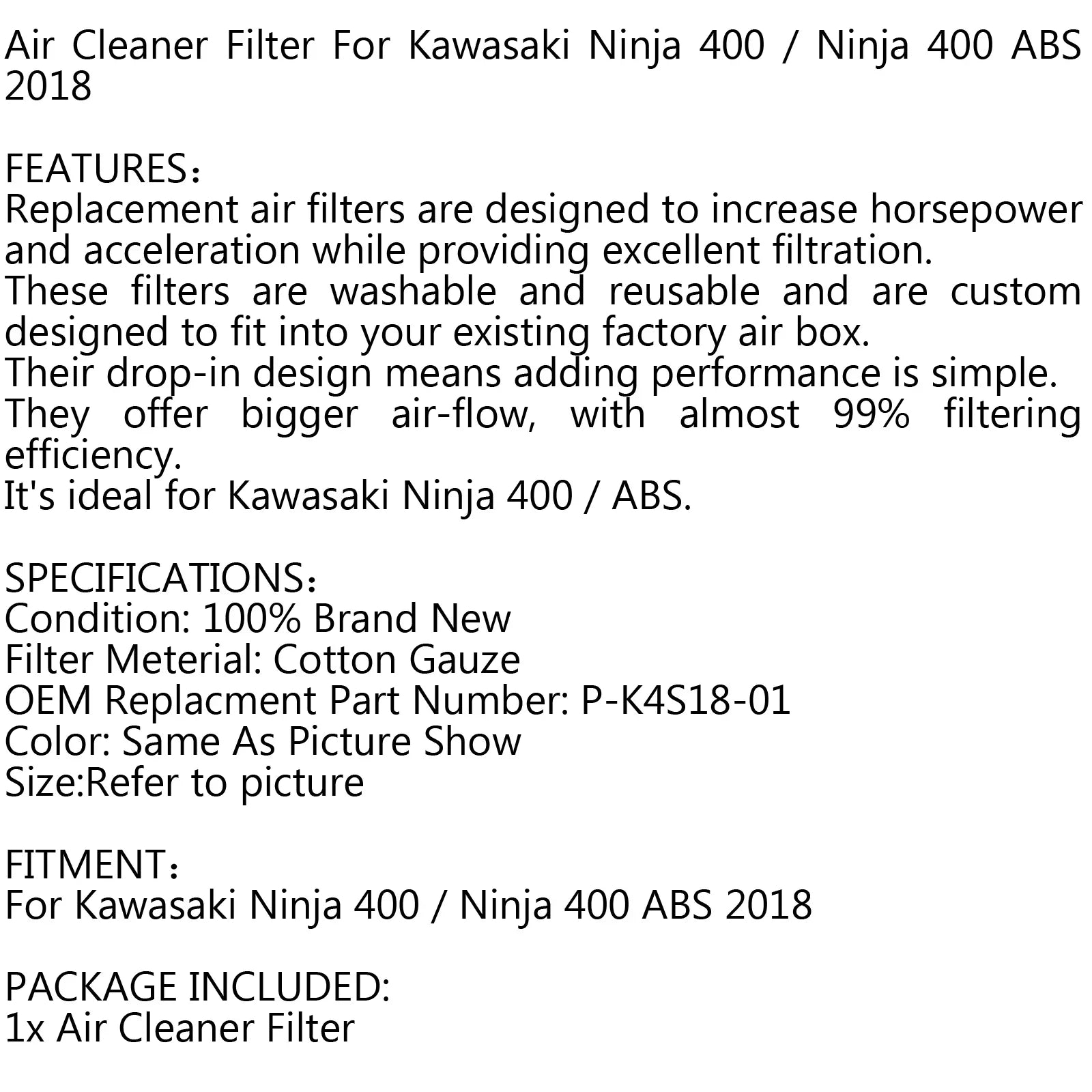 Motor Genic Air Filter For Kawasaki Ninja 400 /  2018 P-K4S18-01