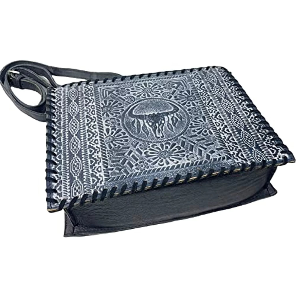 Urbalabs Western Crossbody Purse Large Handbag Genuine Leather Longhorn Cow Skull Tooled Tote Bag Hand Stitched (Blue)