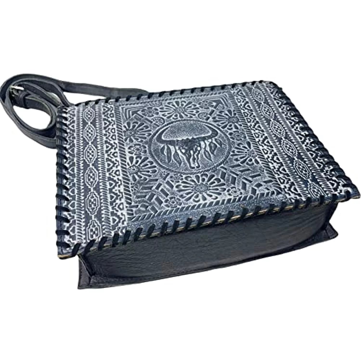 Urbalabs Western Crossbody Purse Large Handbag Genuine Leather Longhorn Cow Skull Tooled Tote Bag Hand Stitched (Blue)