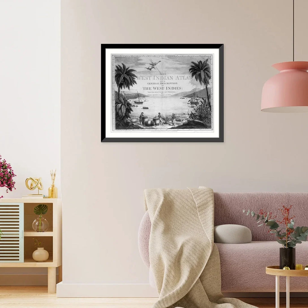 Historic Framed Print, [A scene in the West Indies showing Natives on the beach with a British sailor and three large casks, and two ships in the harbor], 17-7/8" x 21-7/8"