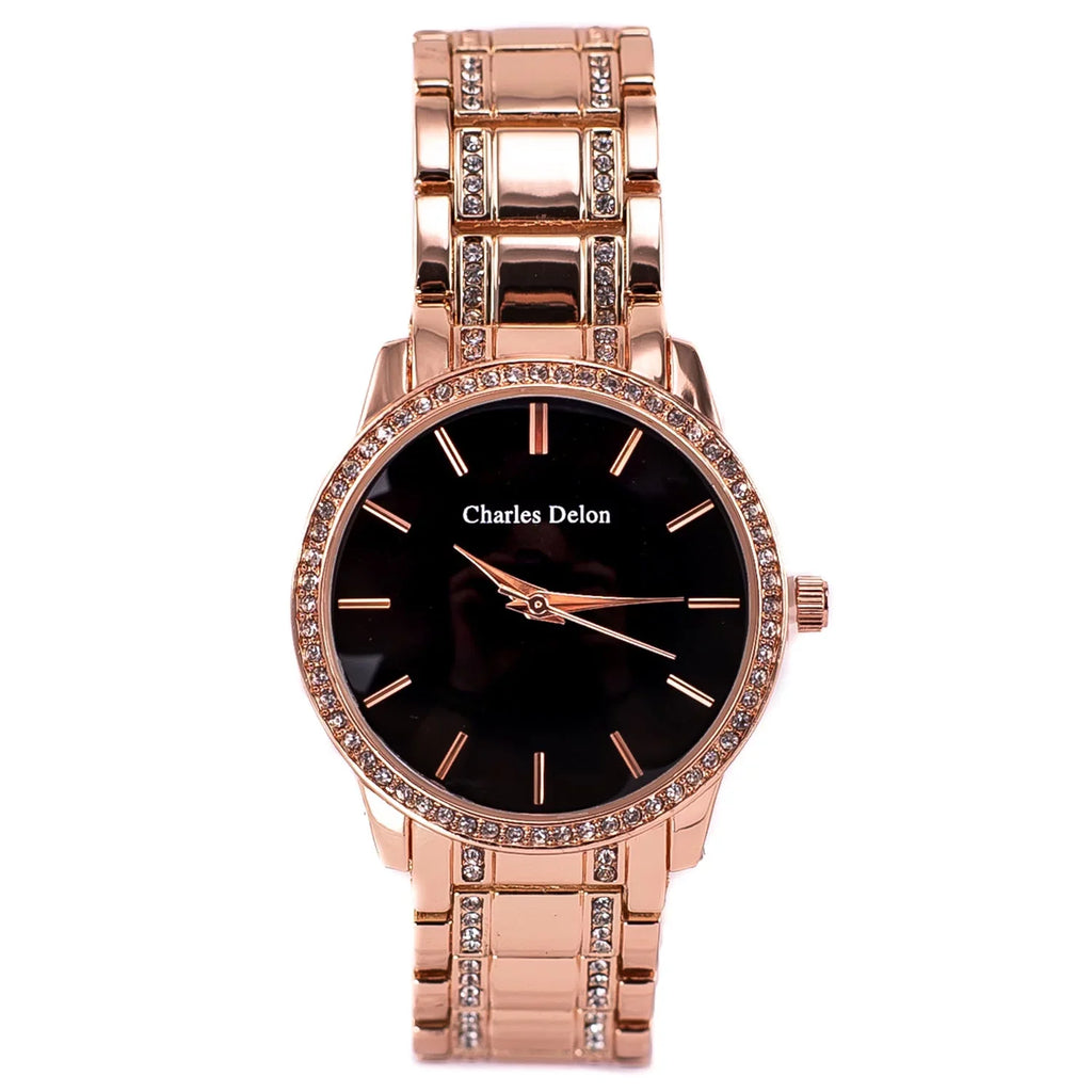 Charles Delon Women's Watch 5855  Rose Gold/Black Stainless Steel Quartz