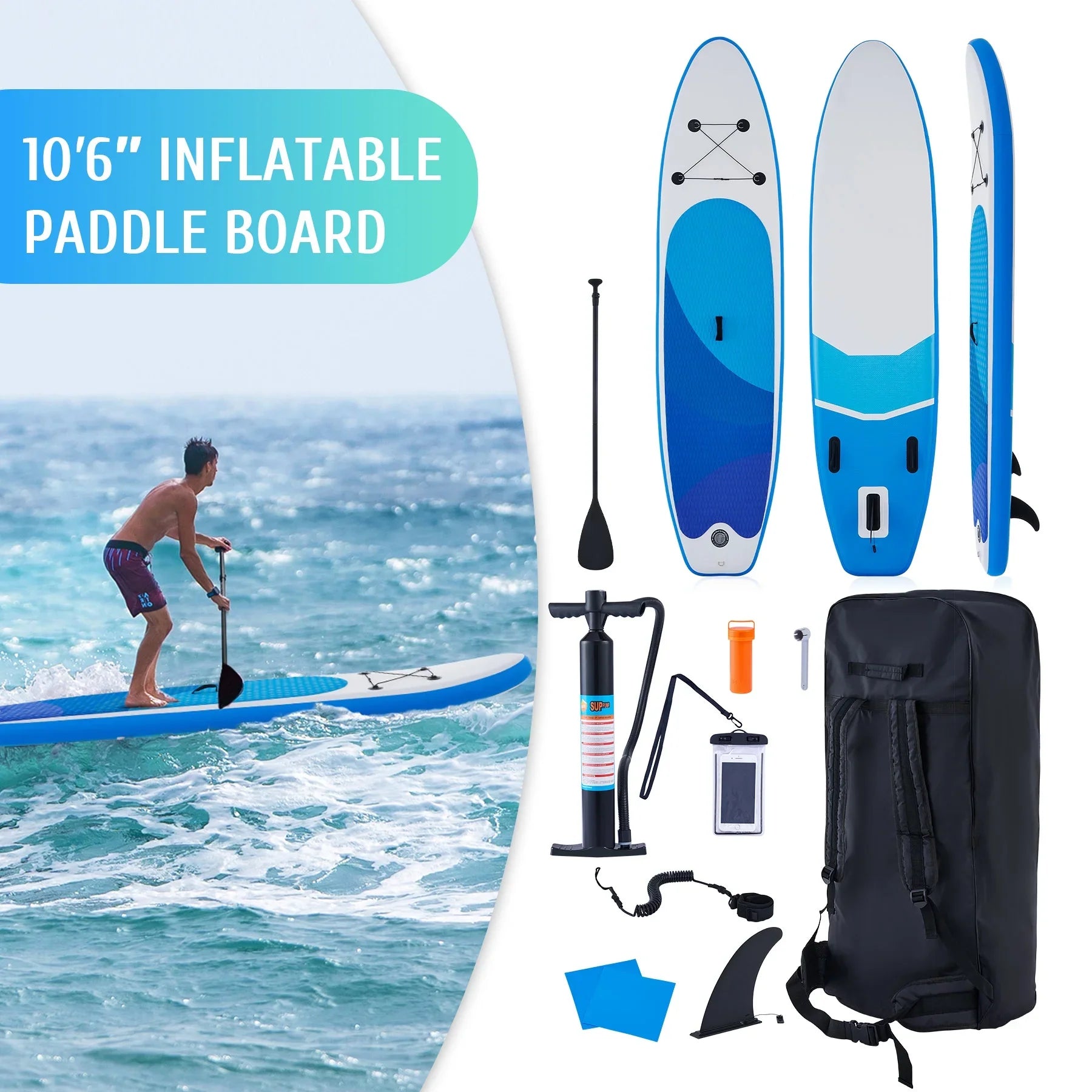 Preenex 10'6" Hybrid Inflatable Paddle Board for Adults Hybrid  Board Set w Air Pump, Blue