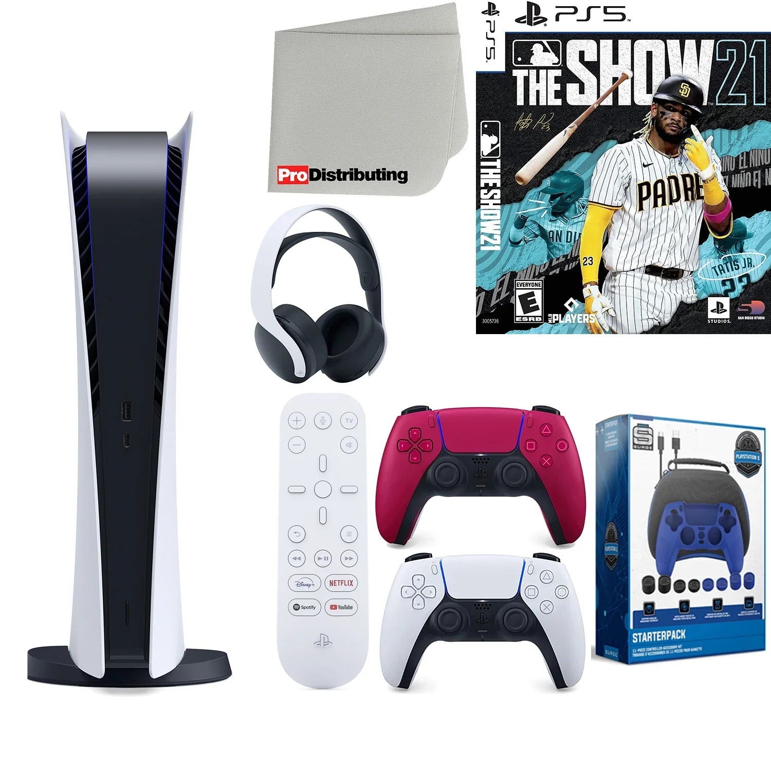 Sony Playstation 5 Digital Version (Sony PS5 Digital) with Cosmic Red Extra Controller, Headset, Media Remote,  The Show 21, Accessory Starter Kit and Microfiber Cleaning Cloth Bundle