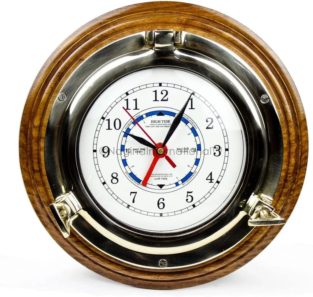 Nagina International 10" Premium Wooden Based Nautical Brass Ship's Porthole Time's Quartz Clock | Pirate Home Decorative Wall Hanging