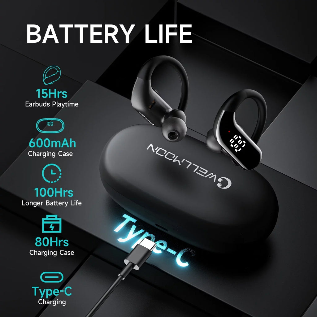 Bluetooth 5.3 Headphones Wireless Earbuds 100hrs Playtime Wireless Charging Case Digital Display Sports Ear buds with Earhook Premium Deep Bass Waterproof Over-Ear Earphones for  Phone Laptop Black