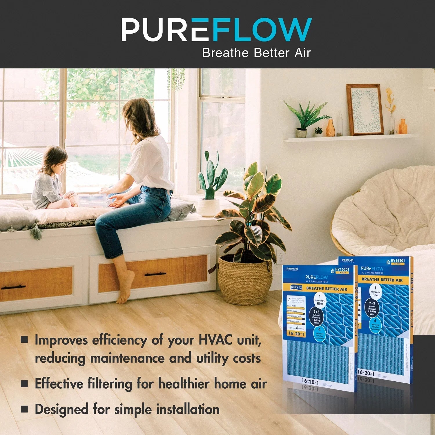 PureFlow, Home Furnace Air Filter 16x25x1, with 4 Layers of Advanced Filtration Technology, -13 Pack-of-2