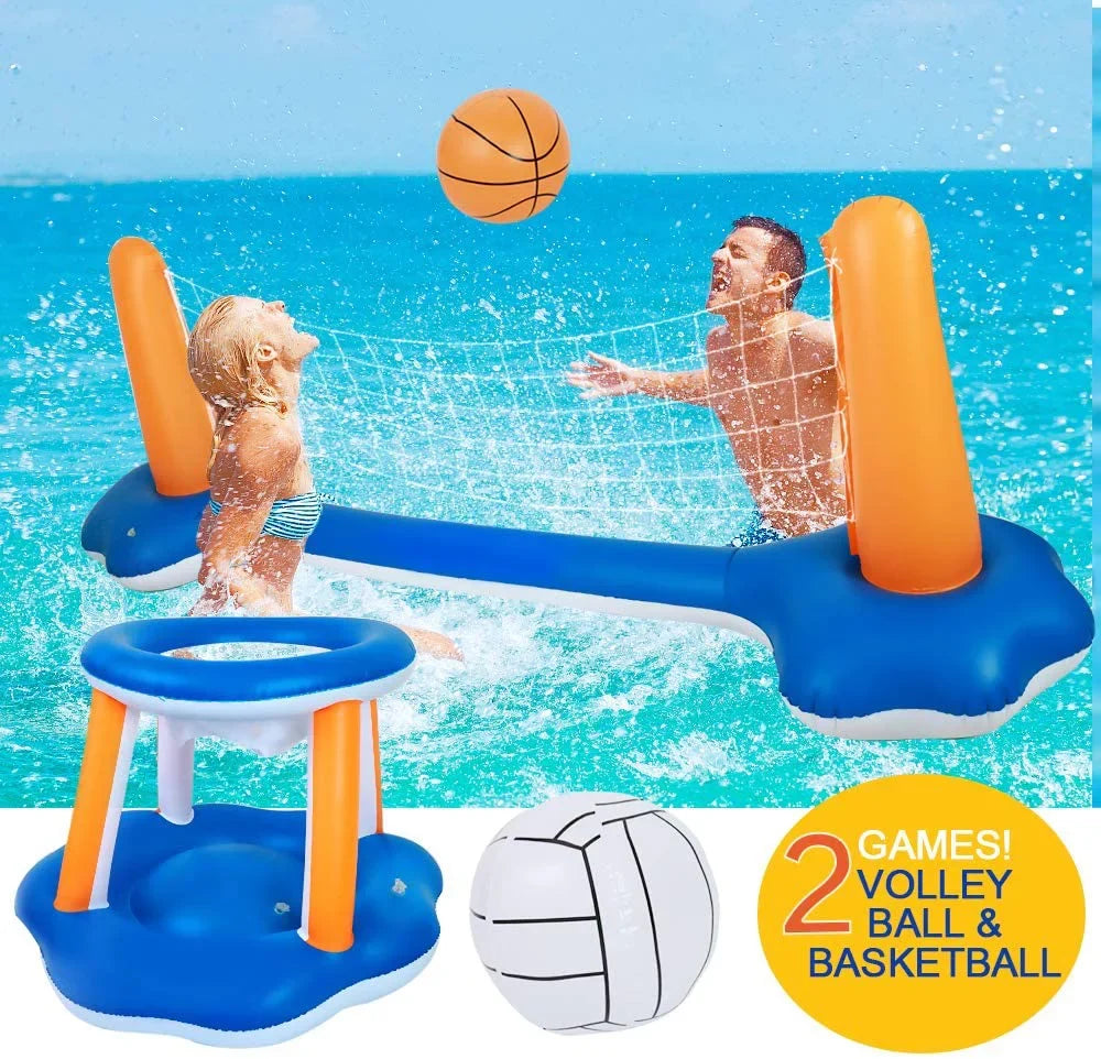 Pool Volleyball Set - Pool Volleyball Net Inflatable Basketball, Floats for Adult & Kid Pool Games with 2 Balls for Swimming Game Toy