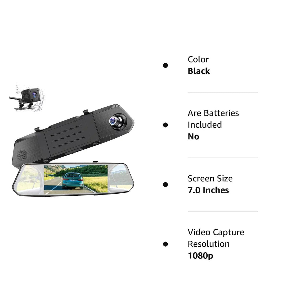 Dash Camera 1080P Mirror Dual Dash Cam Front and Rear,  7"  Touch Screen, Infrared Night Vision, Motion Detection, G-Sensor