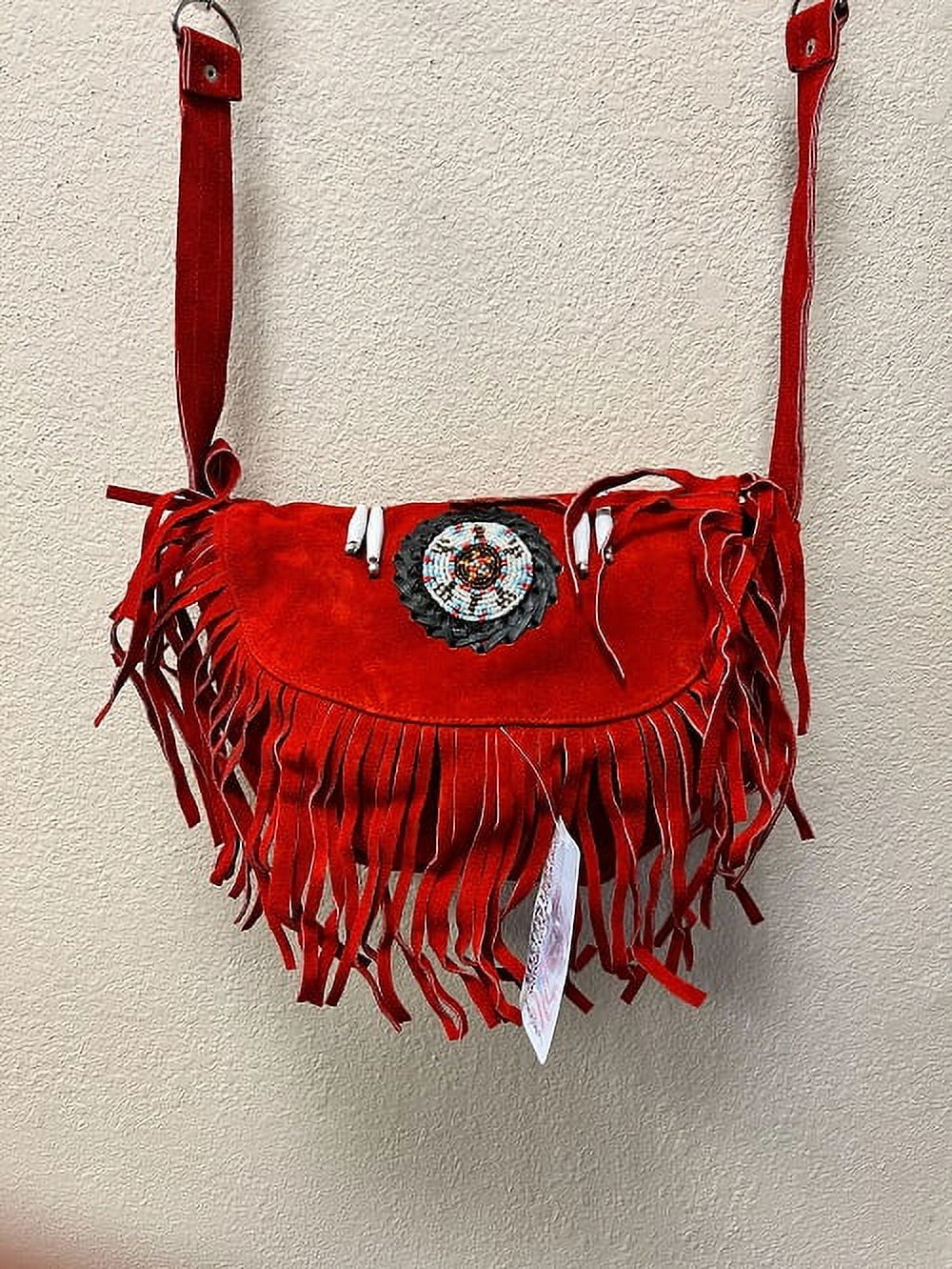 Ladies Fashion Motorcycle Heavy Duty Western Style Red Suede Cowhide Leather Handbag With Beads,Bones & Fringe