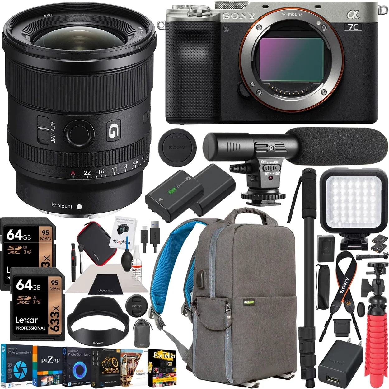Sony a7C Mirrorless Full Frame Camera Body with Sony  20mm F1.8 G Lens SEL20F18G Silver ILCE7C/S Bundle with Deco Gear Photography Backpack Case , Software and Accessories