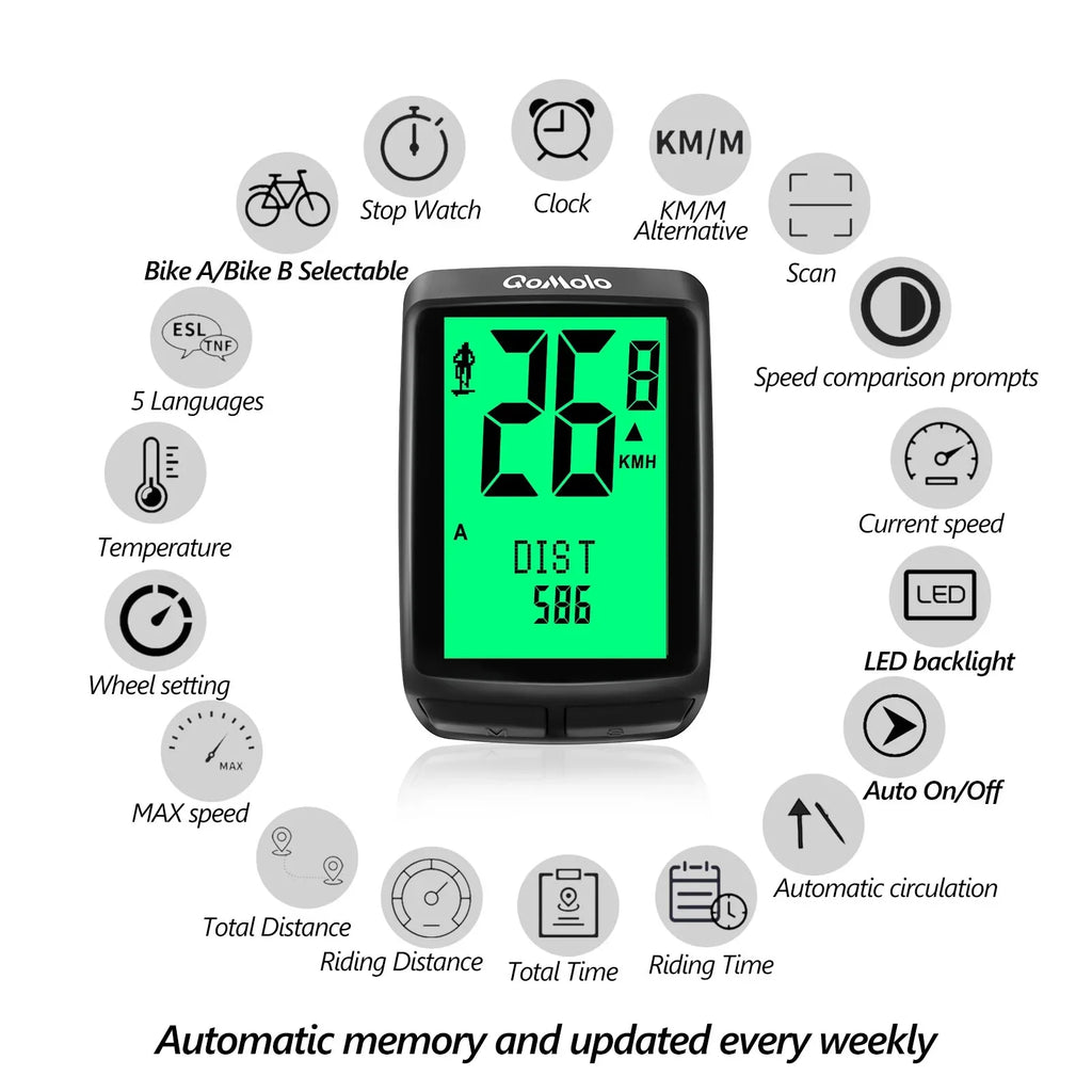 Wireless Bike Computer, Multi-Functional Bike Speedometer, IPX6 Waterproof Large Screen Cycle Computer Automatic Wake-up  Backlight Display