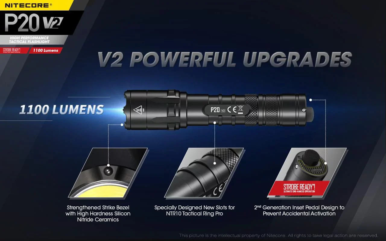 Combo: Nitecore P20 V2 Tactical  Flashlight -  -L2 V6 - 1100 Lumens w/NL189 Battery +2x Free Eco-Sensa CR123A Batteries