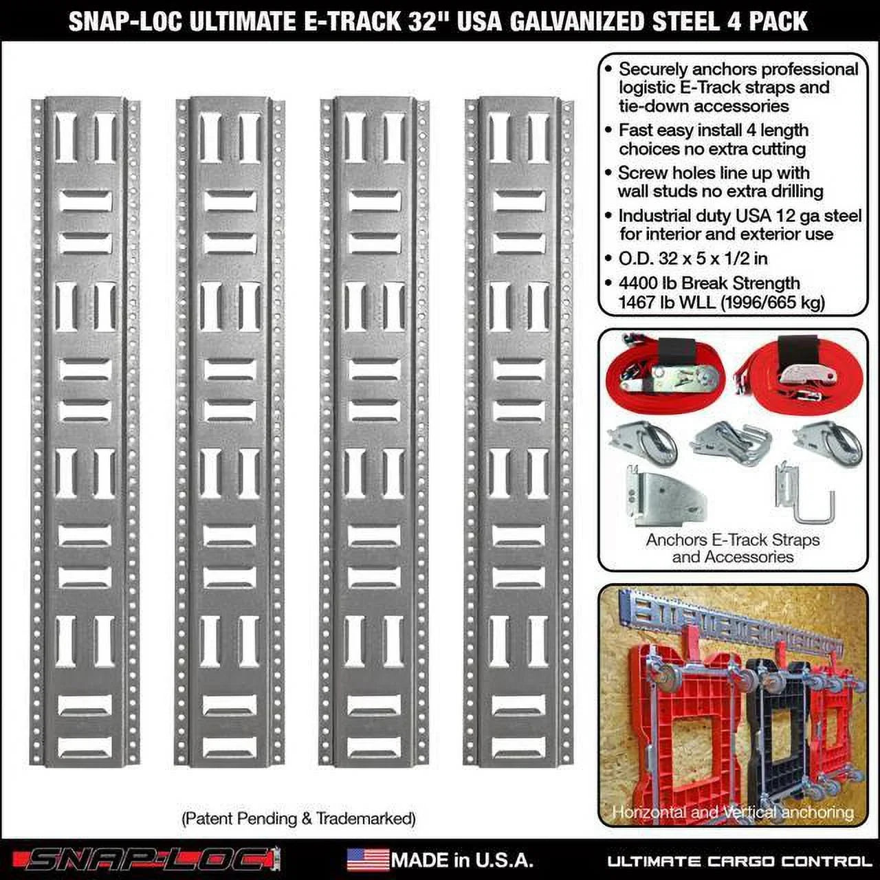 '- Fast-Track E-Track 32 Inch 4-Pack  Galvanized Steel Horizontal Vertical, Logistic Tie-Down for Pickups, Trucks, Trailers