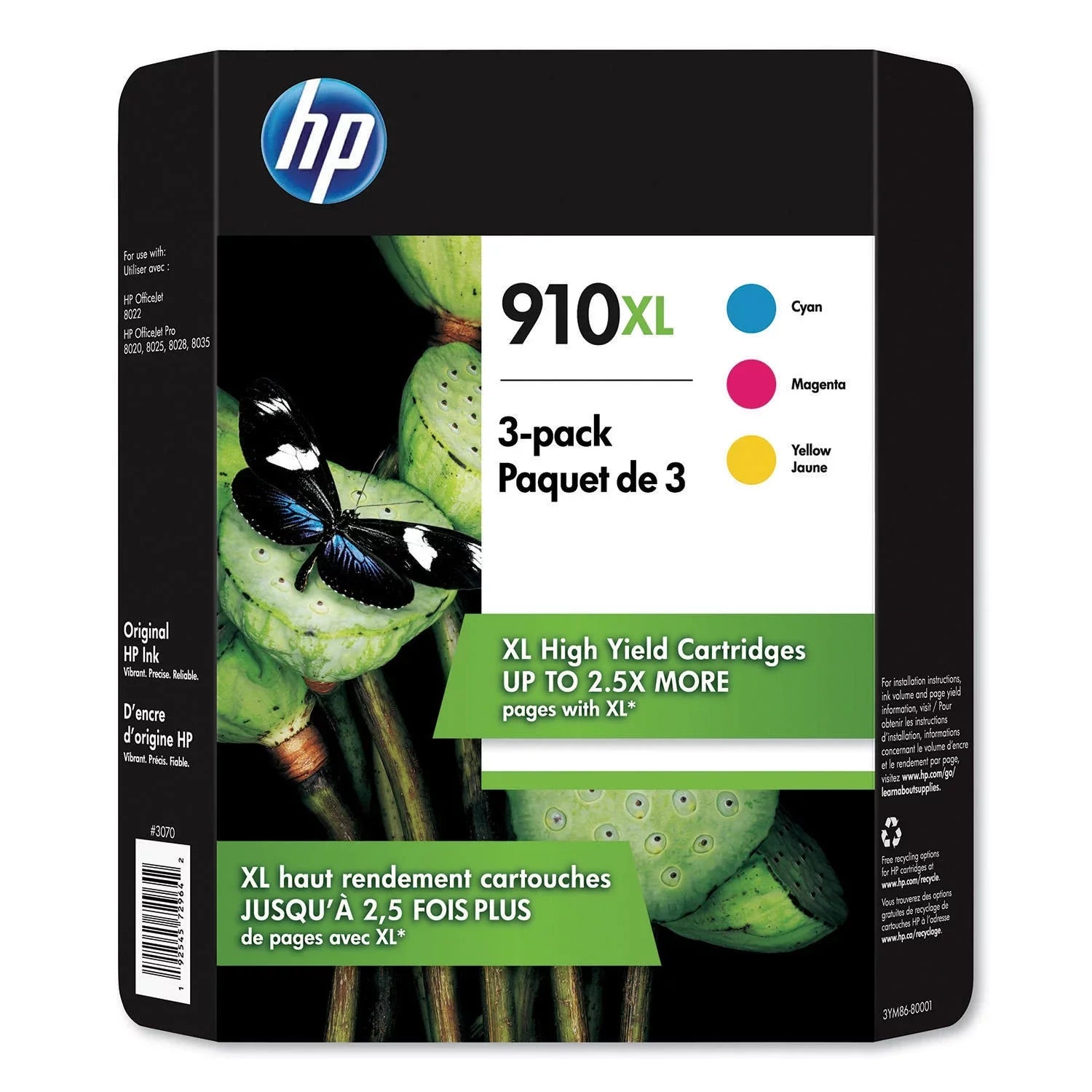 910XL Ink Cartridges - Cyan, Magenta, Yellow, 3 Cartridges (3YM86BN)