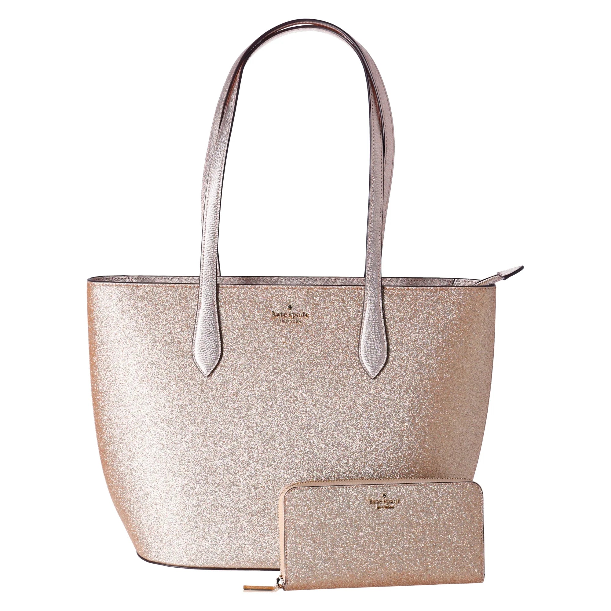 Kate Spade Glimmer Large Top Zip Tote Shoulder Bag Gold Glitter Holiday + Wallet