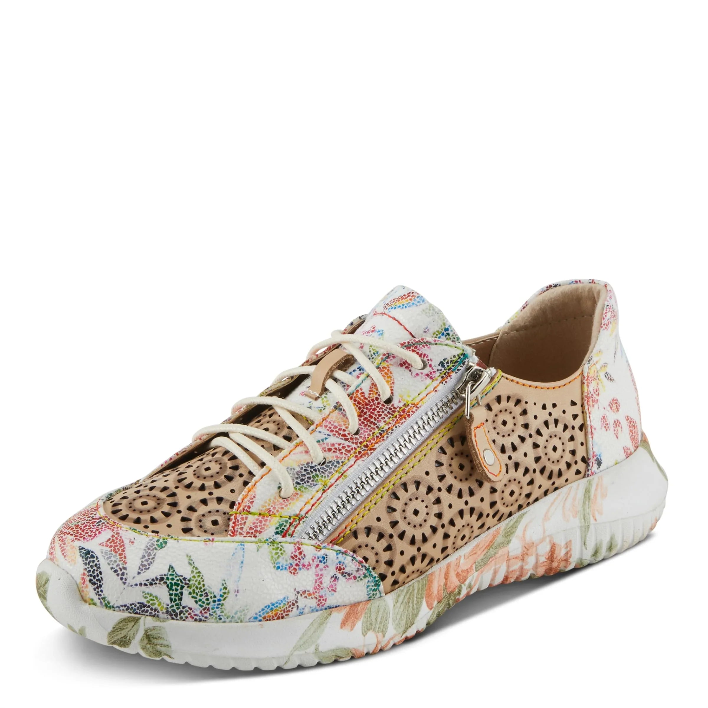 L'Artiste Women's Jazzie Lace-Up Fashion Sneaker with Flowers Beige Multi  39/8.5