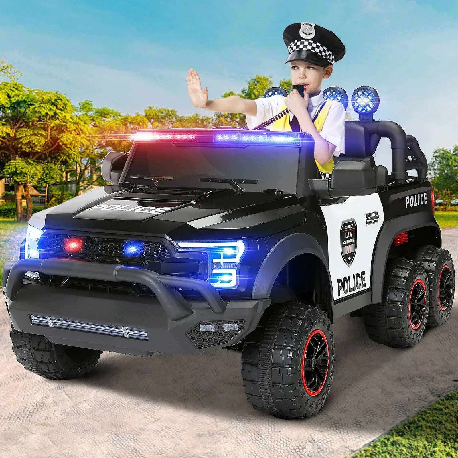 6 Wheels 12V Kids Ride on Police Car Toy with Remote Control (Black)