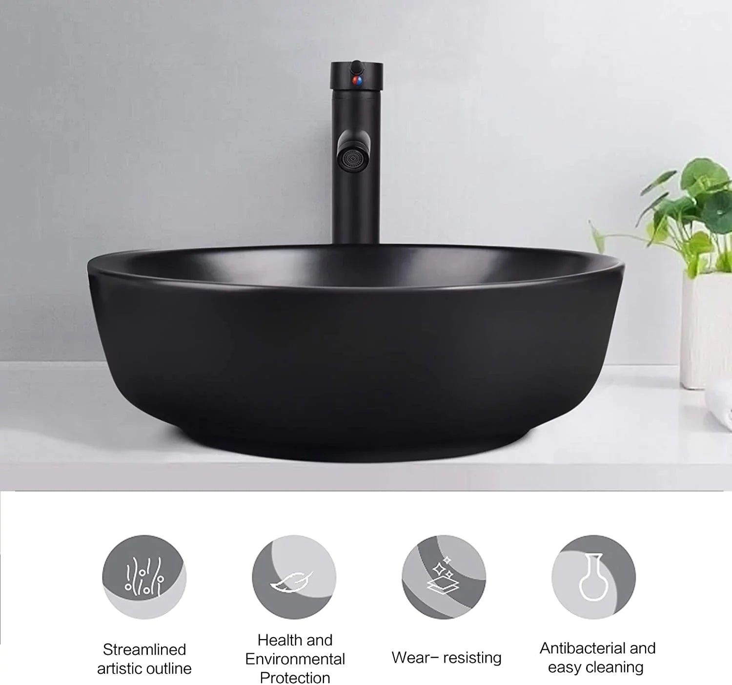 Artistic Porcelain Ceramic Vessel Sink Basin Washing Bowl Set Cabinet Countertop Sink with Chrome Faucet Pop-up Drain and Water Pipe Lavatory