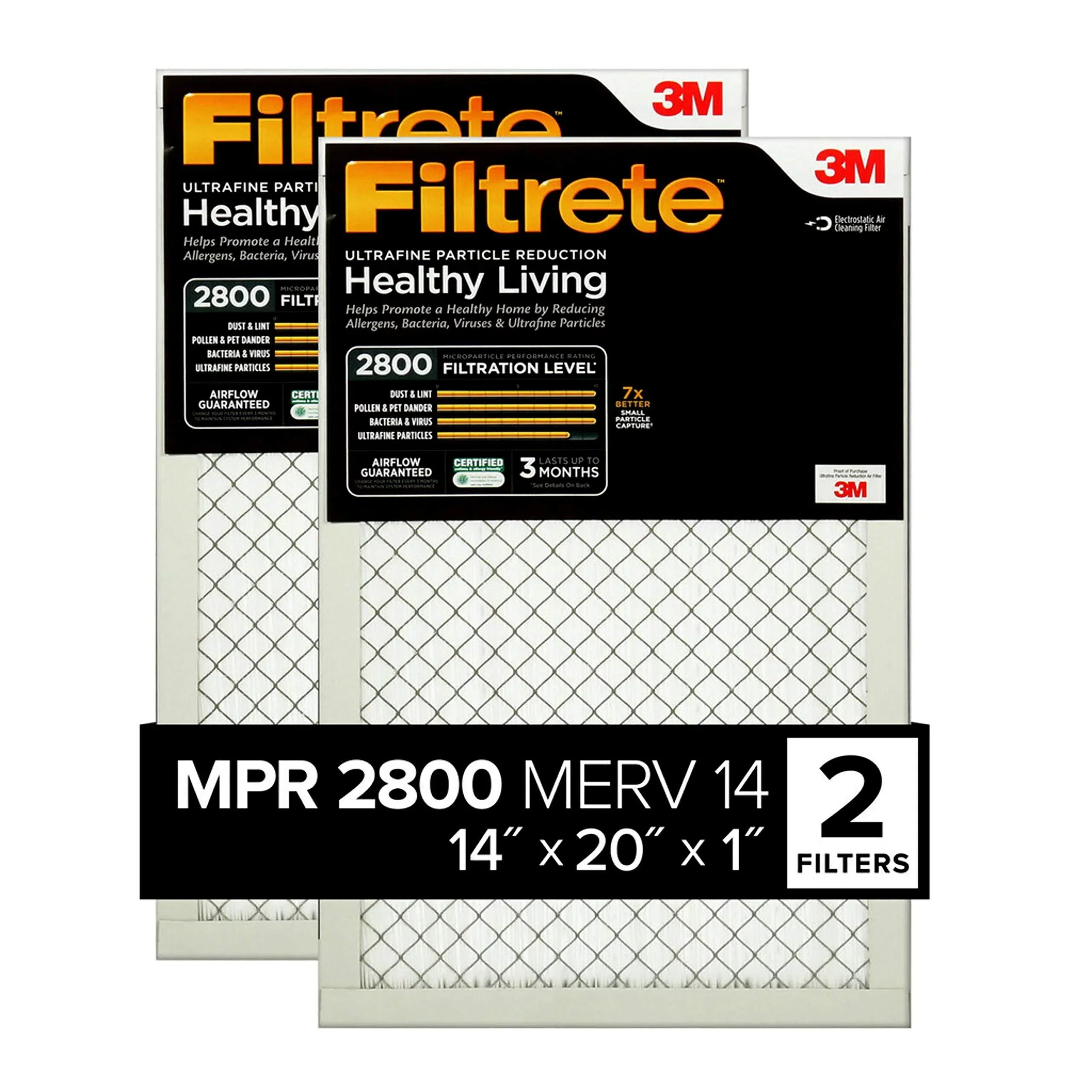 Filtrete 14 x 20 x 1,  Furnace Air Filter,  2800, Healthy Living Ultrafine Particle Reduction, 2-Pack (exact dimensions 13.781 x 19.781 x 0.84) 14 x 20 x 1