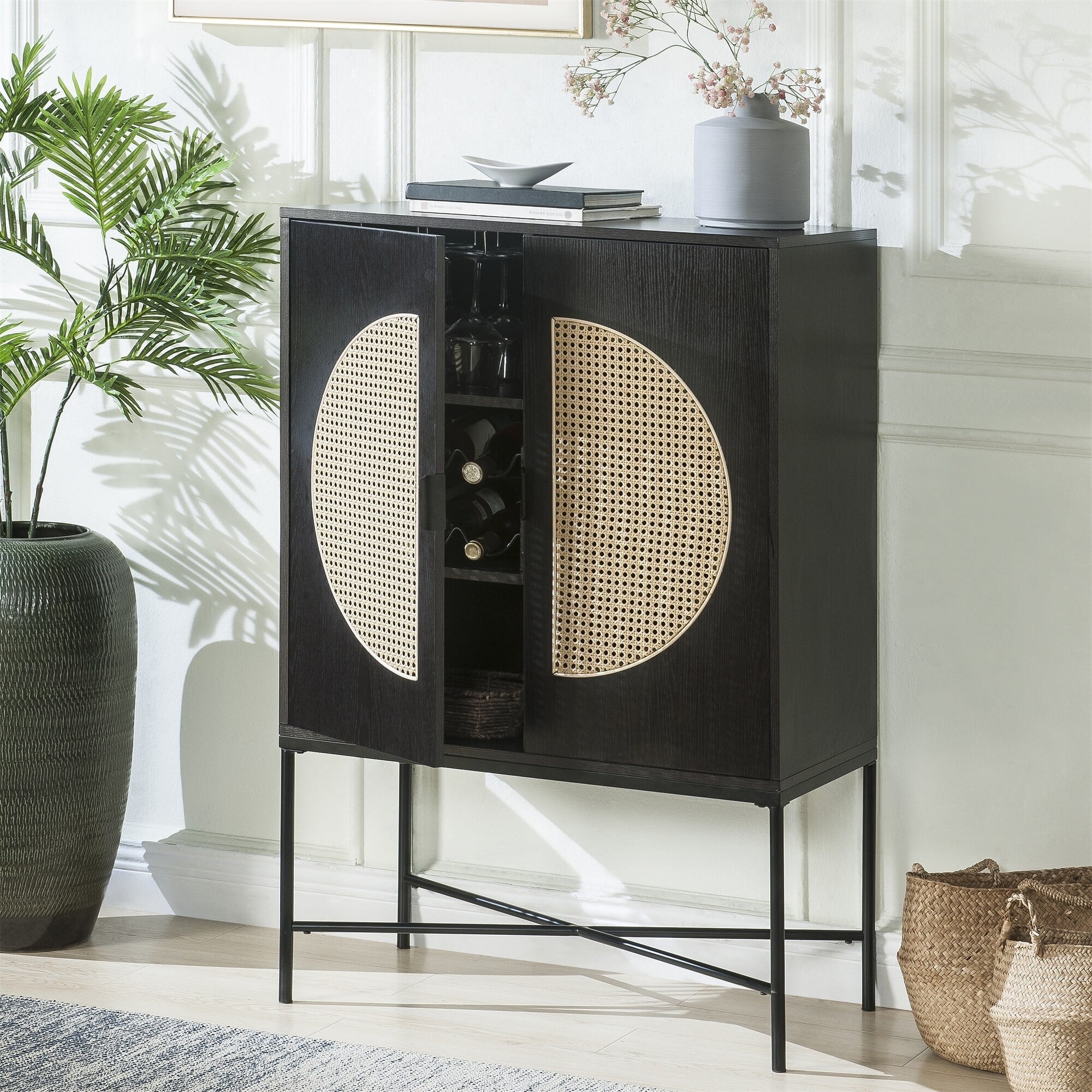 Wine Cabinet Locker Wine Rack, Metal & Wood Black Finish