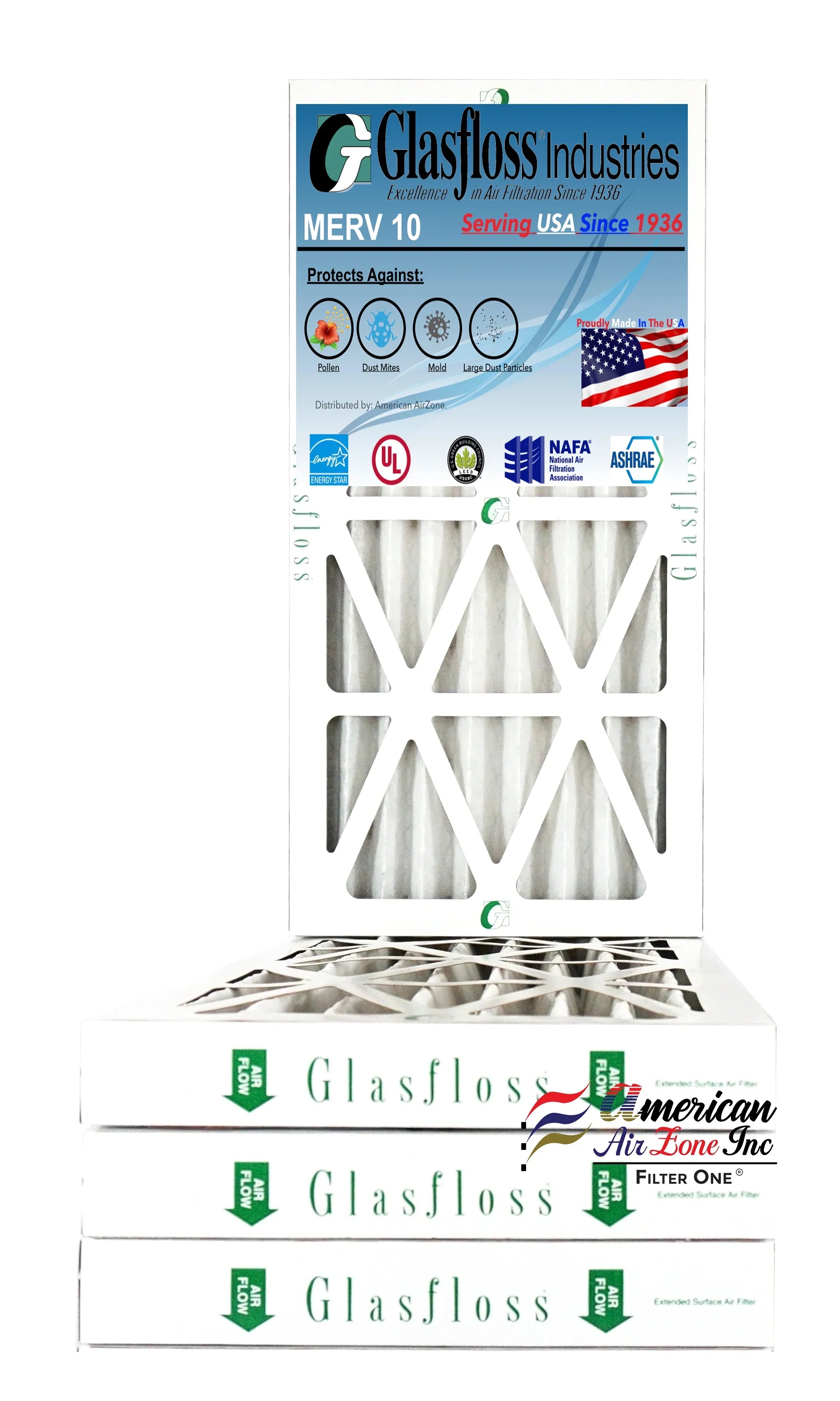 Glasfloss Air Filter 10x24x2 - 2"  10 - (Pack of 4) - Pleated  or  Air Filter - Furnace Air Filter - Home or Office - Made In The .