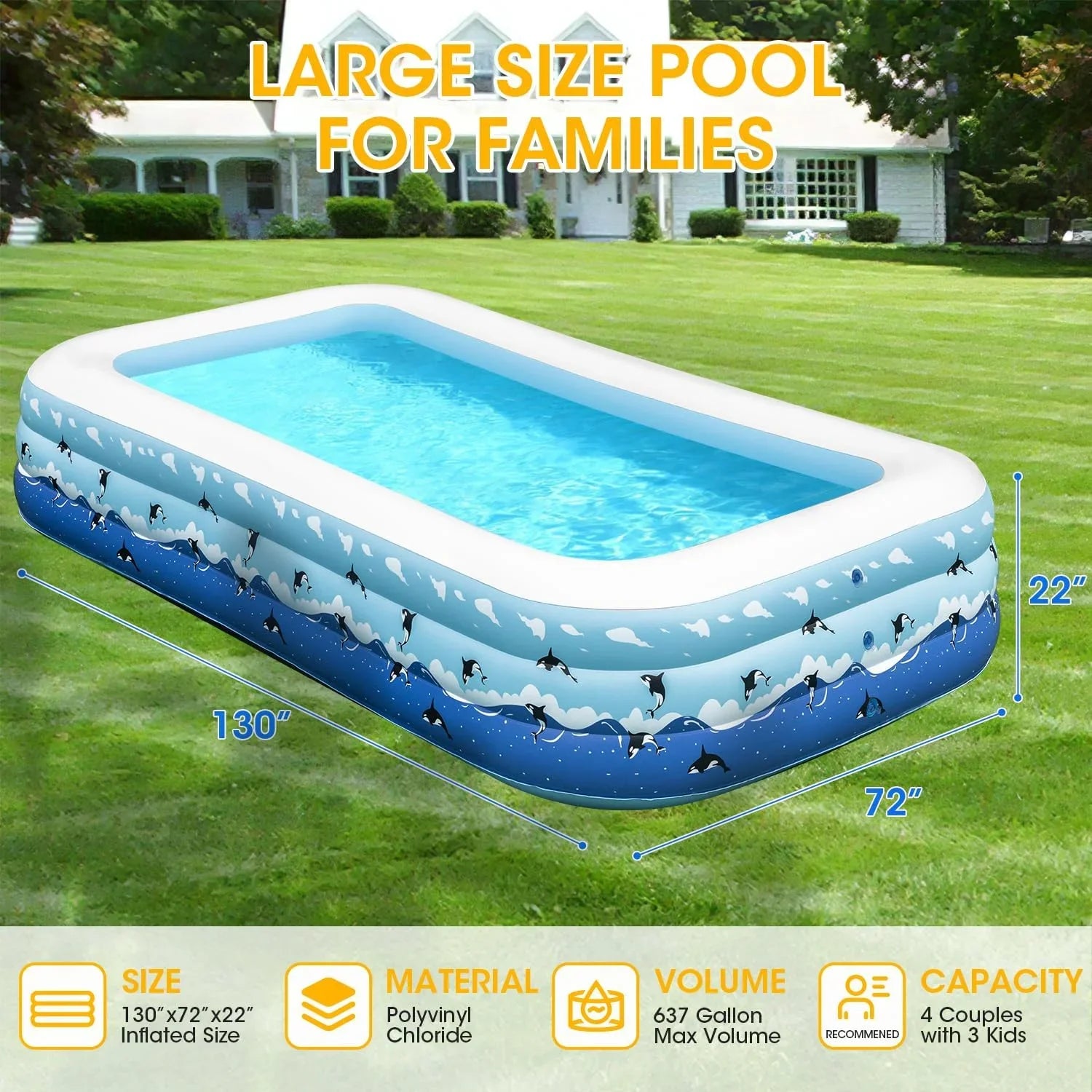 Extra Large Inflatable Pool with Pump, 130"x72"x22" Blow Up Inflatable Swimming Pools for Adults, Full-Sized Family Thickened Above Ground Swimming Pool for Backyard Home Garden Lawn Indoor Outdoor