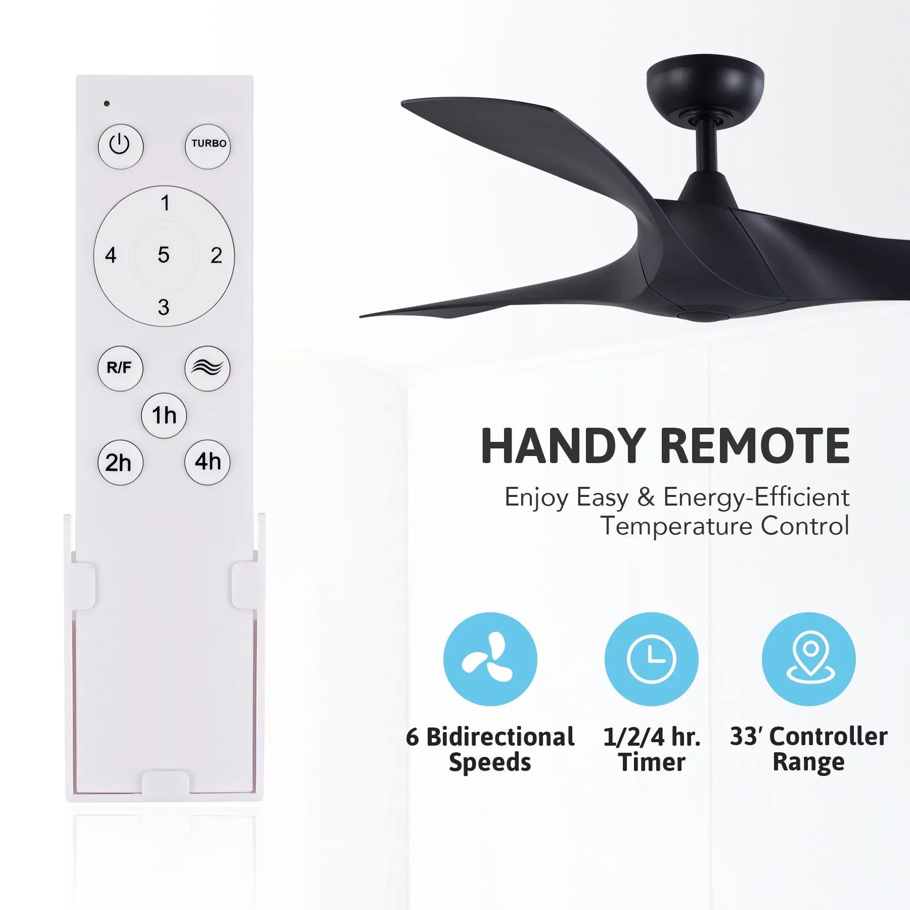 52" Smart Ceiling Fan with Remote Control, 3 Blades, 6 Speeds, Timer, Black