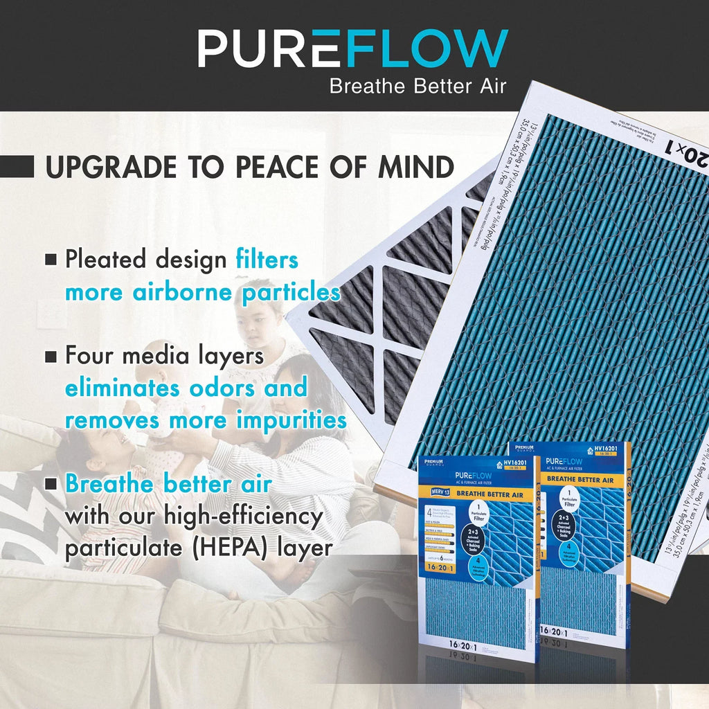 PureFlow, Home Furnace Air Filter 16x25x1, with 4 Layers of Advanced Filtration Technology, -13 Pack-of-2