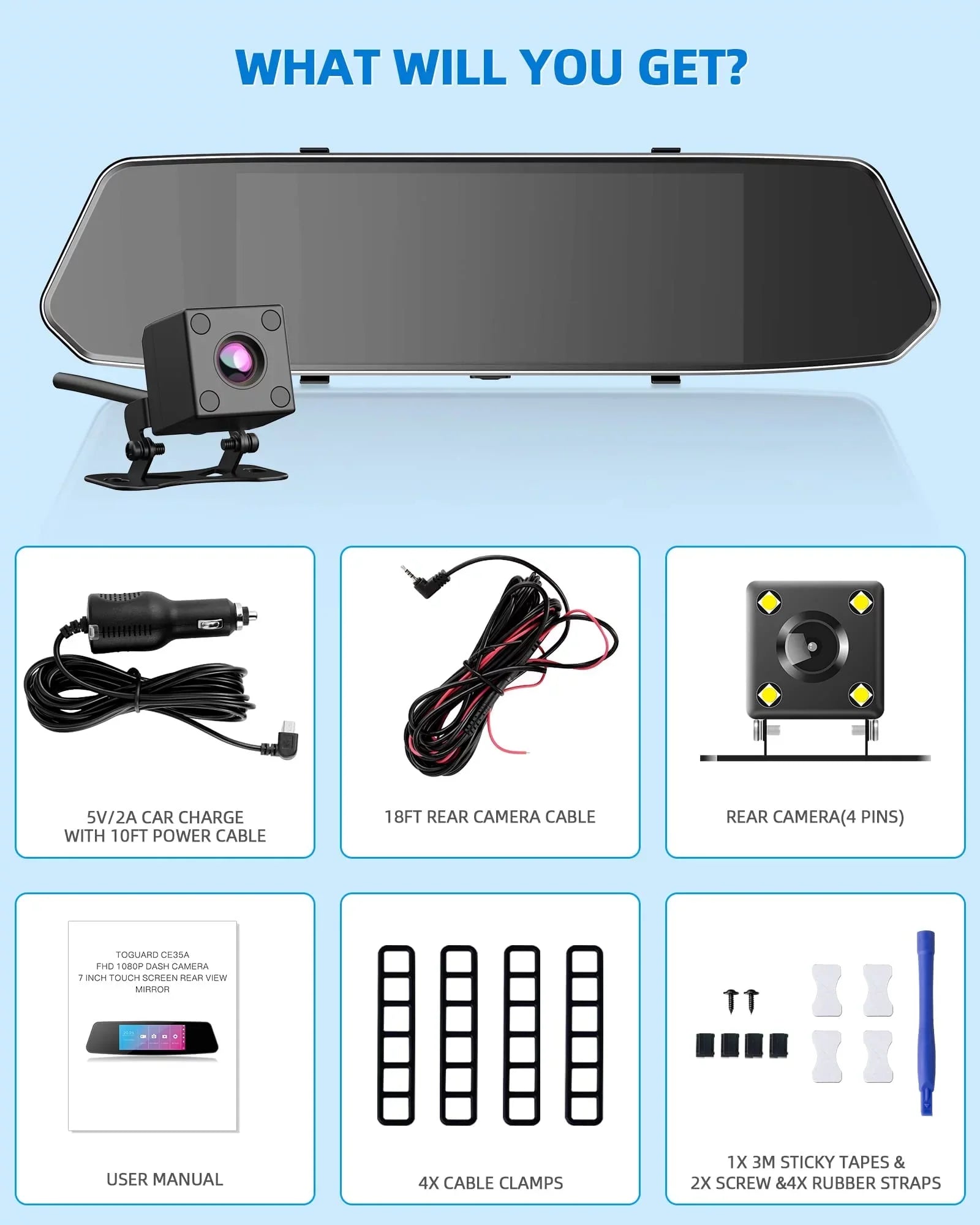 Dash Camera 1080P Mirror Dual Dash Cam Front and Rear,  7"  Touch Screen, Infrared Night Vision, Motion Detection, G-Sensor