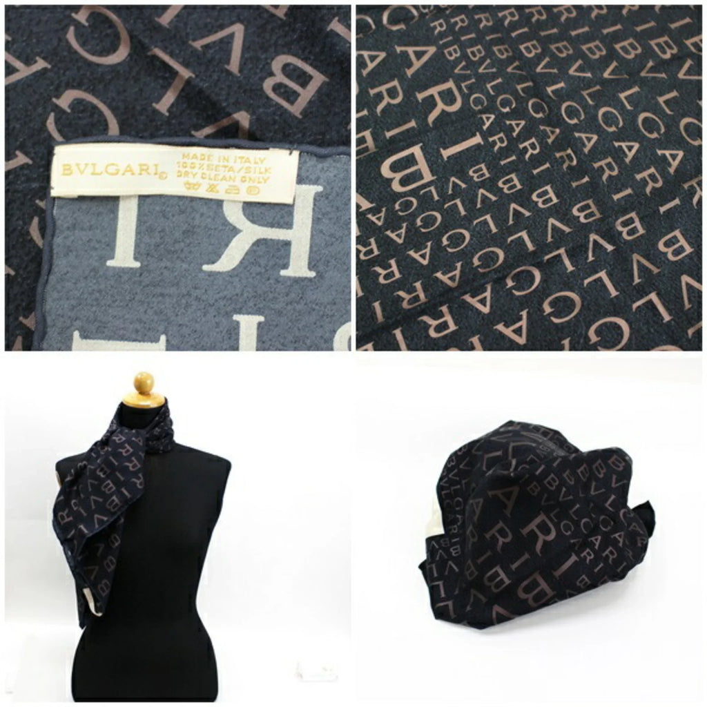 Pre-Owned Bvlgari Mania Silk Scarf Muffler Pattern Black  | Ladies (Good)