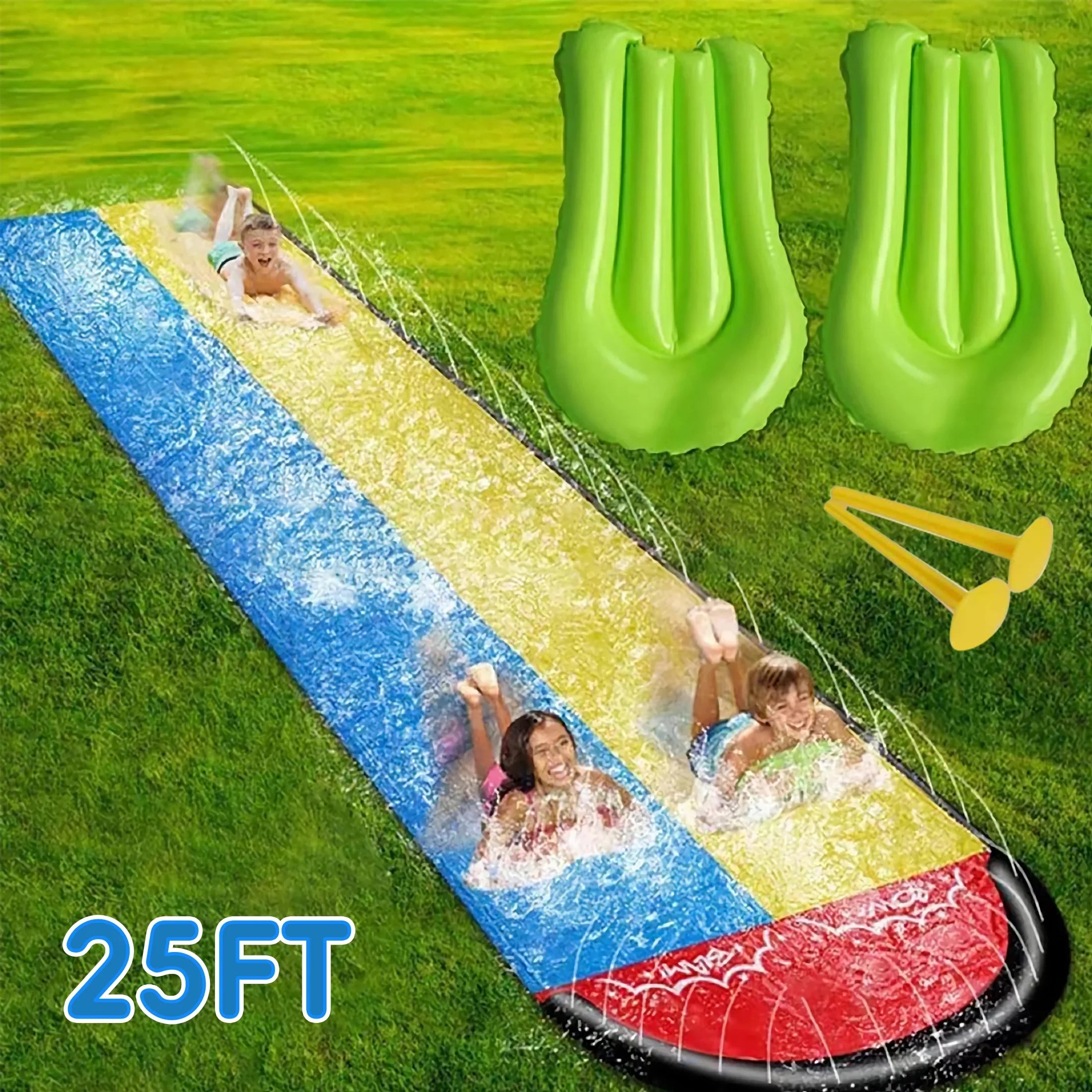 YoYfun 25ft x 4.6ft  Double Water Slide for Adult Kids, Heavy Duty Lawn Water Slide with Sprinkler and 2 Slip Inflatable Boards for Summer Yard Lawn Outdoor Water Play Activities