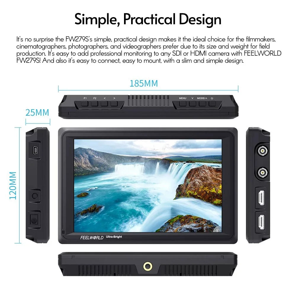 FW279S 7 Inch 2200nit Ultra Bright Daylight Viewable Field Monitor Thin Design 3G- 4K Input Output 1920*1200  Panel for Outside / Viewable Even in Direct Sunlight