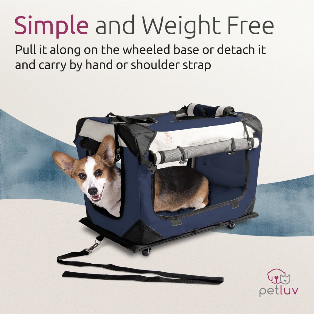 PetLuv Pull-Along Rolling Cat & Dog Carrier & Travel Crate on Wheels, Detachable, Soft Sided, Locking Zippers, Plush Bed, Privacy Windows