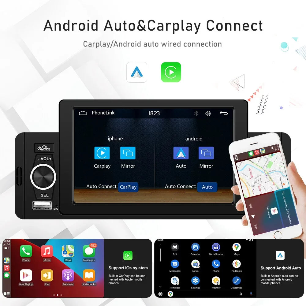 Podofo Single 1 Din 5'' Touch Screen Car Stereo Radio with Apple Carplay Android Auto Mirror Link  Car MP5 Multimedia Player Bluetooth   Audio Receiver , Backup Camera Included