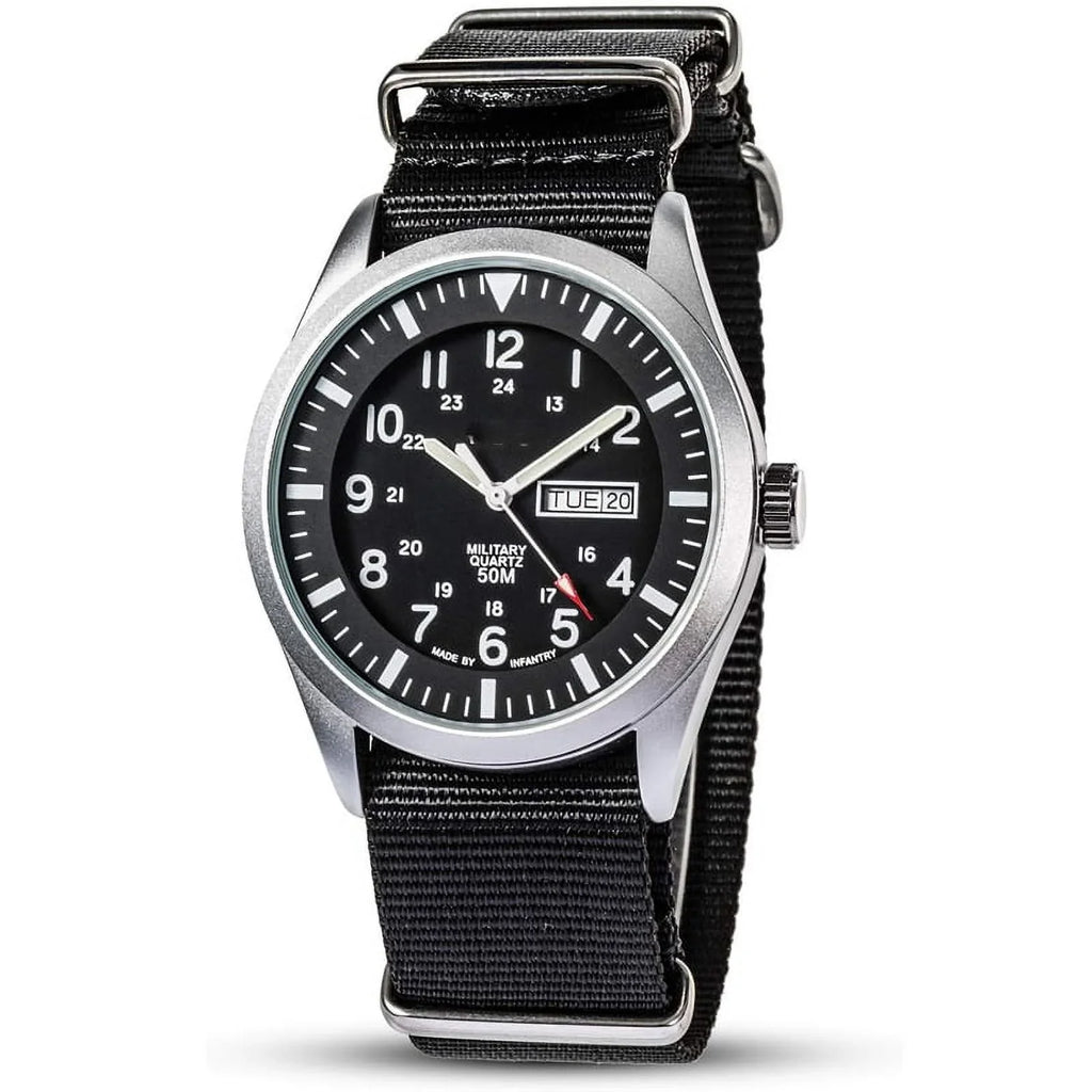 Military Watches for Men Tactical Wrist Watch, Waterproof Outdoor Sport Field Black Mens Analog Wristwatch, Army Casual Work 12/24 Hr Date Day Nylon Band