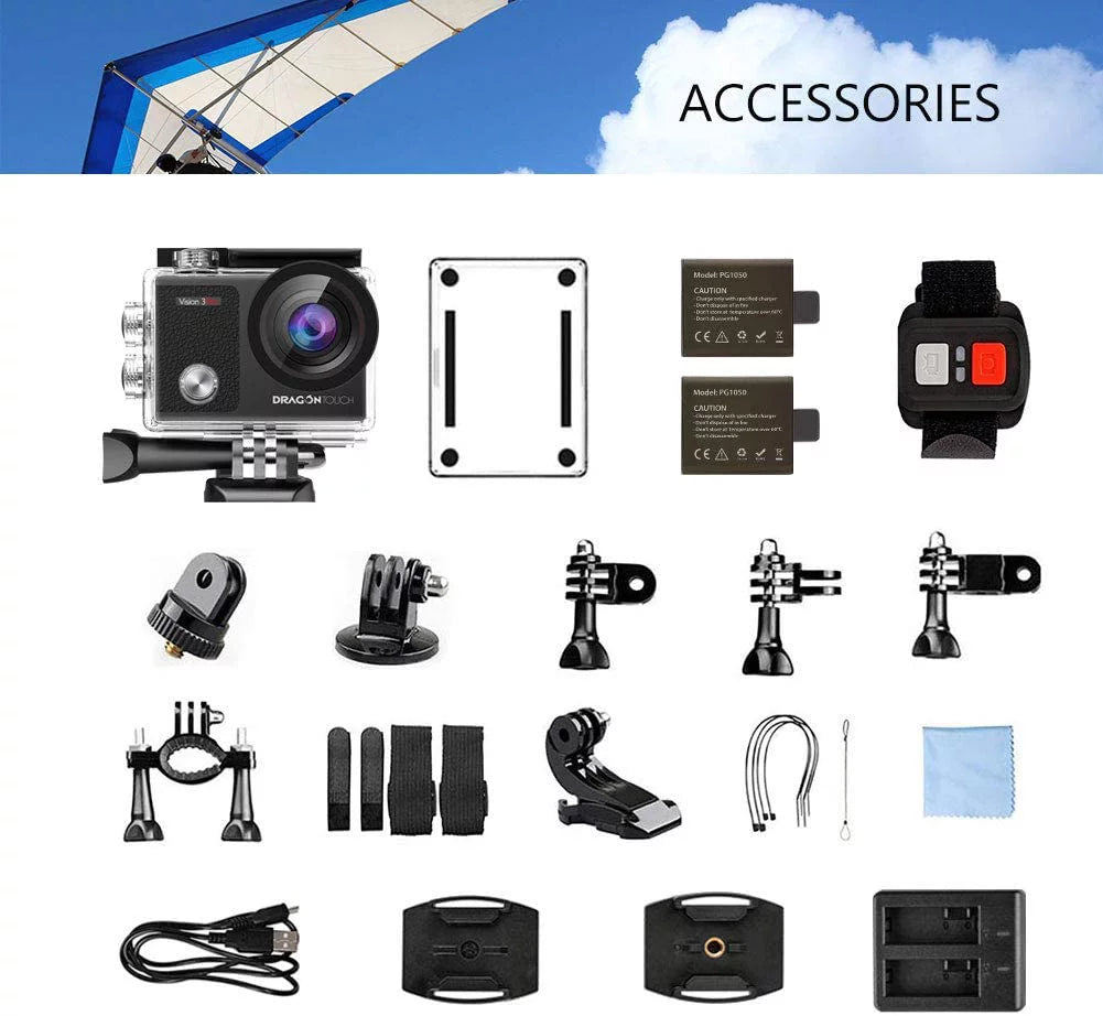 Dragon Touch Vision 3 Pro Action Camera,16MP 4K/60FPS 100ft Underwater Waterproof Camera W/ Touch Screen & Helmet Accessories