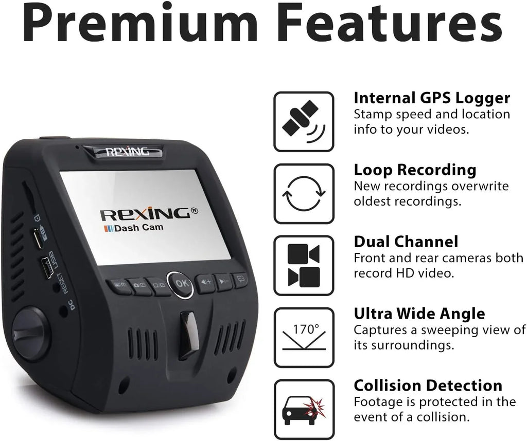 Open Box Rexing V1LG Dual Channel Car Dash Cam  1080p - Black