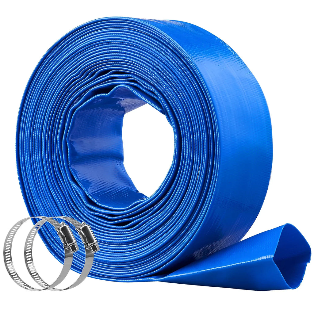 Swimming Pool Filter Backwash Hose with Clamps 2'' x 50' Premium  Lay Flat Discharge Hose Blue Weather and Chemical Resistant