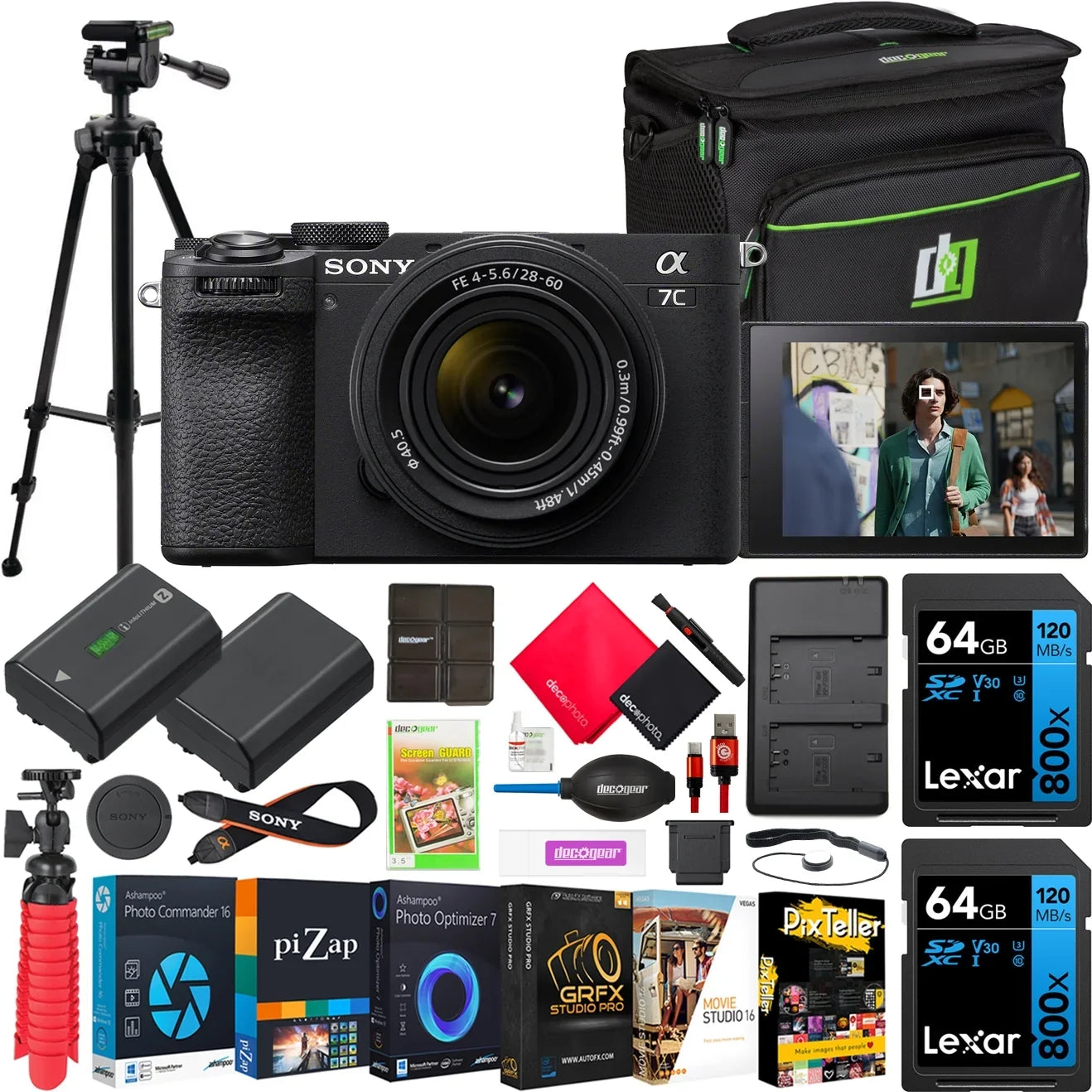 Sony a7C  Full Frame Mirrorless Camera Body with 28-60mm F4-5.6 Lens Black -7CM2L/B Bundle with Deco Gear Photography Bag Case + Extra Battery + Charger + Tripod + Software Kit & Accessories