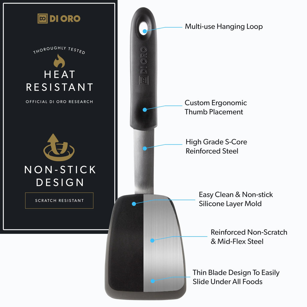 Di Oro Chef Series Standard Flexible Silicone Turner Spatula - 600F Heat Resistant Rubber Kitchen Spatula