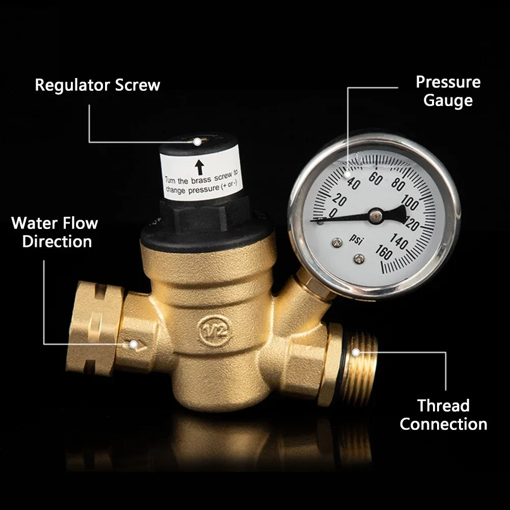 Adjustable Water Pressure Regulator Valve - Lead-Free Brass, with 0-160PSI Gauge and Inlet Screened Filter, Ideal for  and Travel Trailers