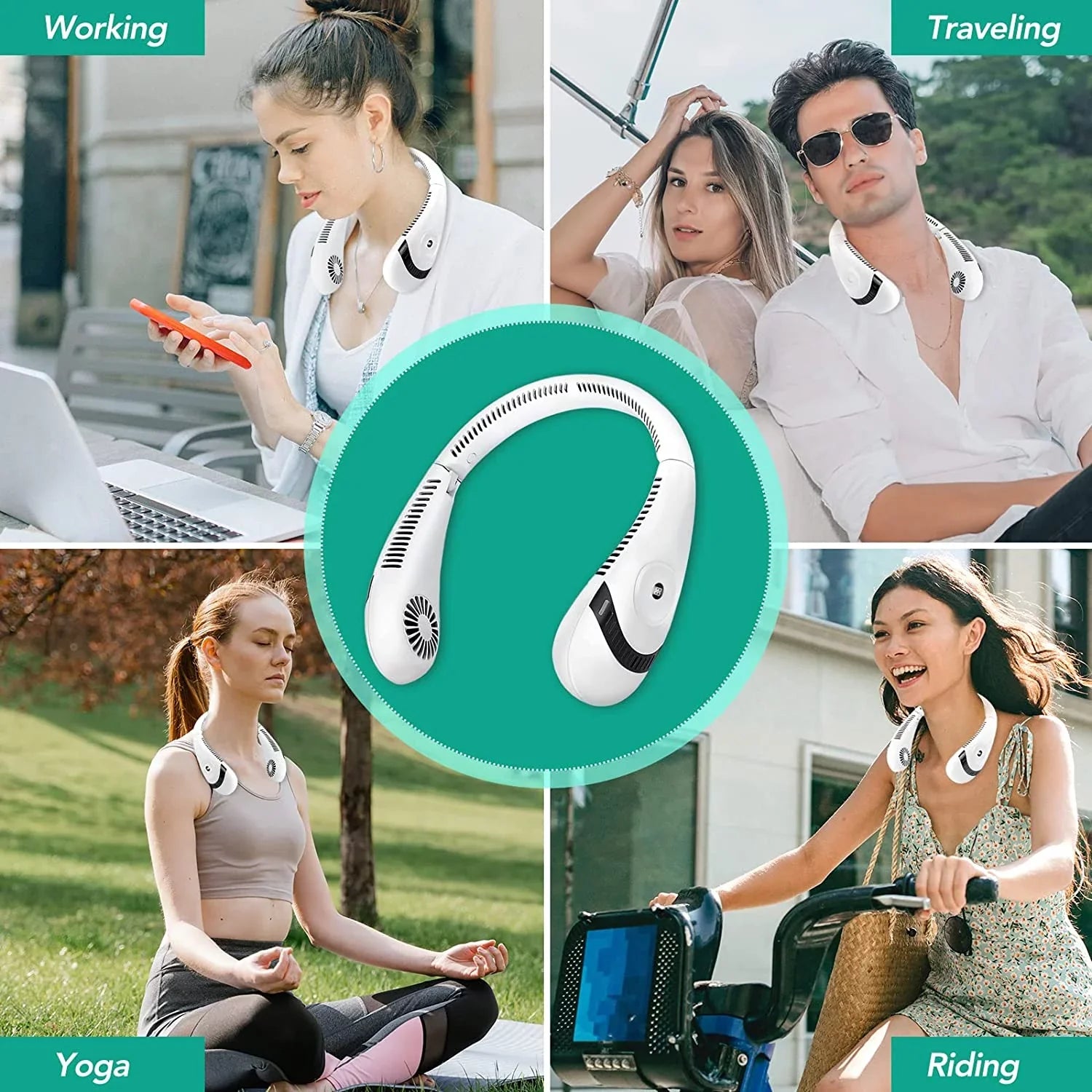 Folding Neck Fanwtith  Display, 360°Airflow 5000mAh  Rechargeable Mini Neck Fan Bladeless 3 Speeds Portable Summer Cooling Fans, White