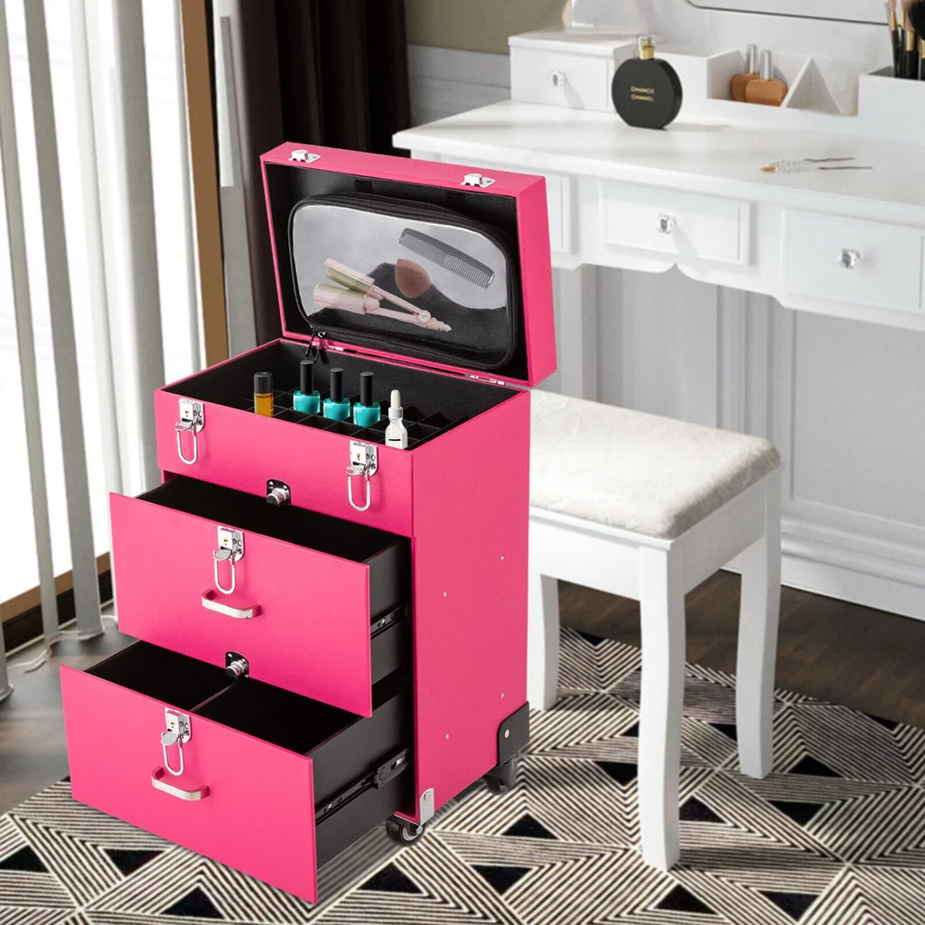 Rolling Makeup Train Case Cosmetic Trolley Luggage Box Storage Organizer with Drawer